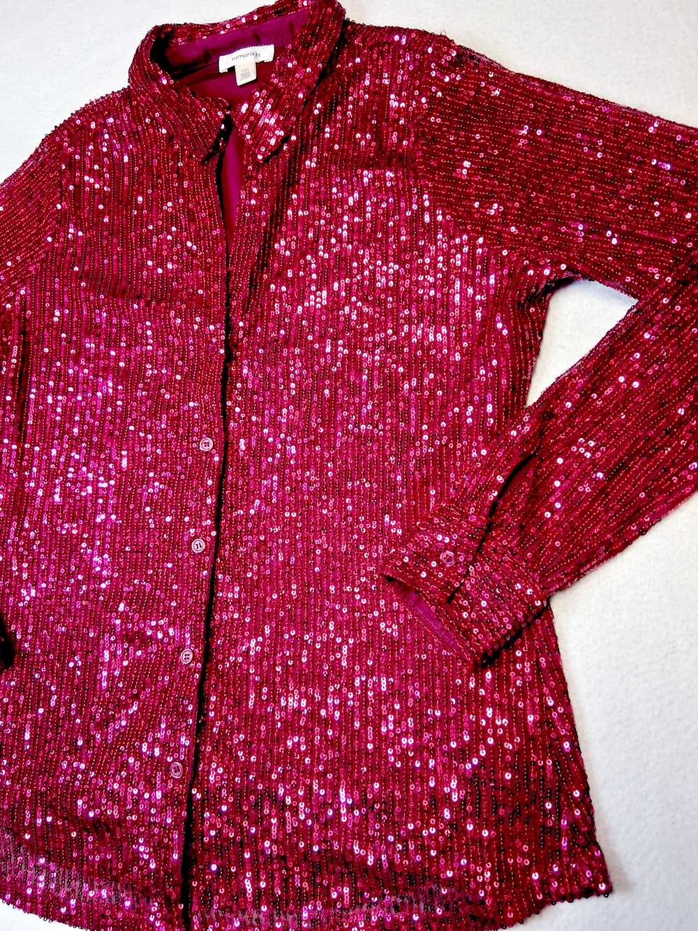 Sequin Button-Down Shirt in Red - Picture 2 of 7